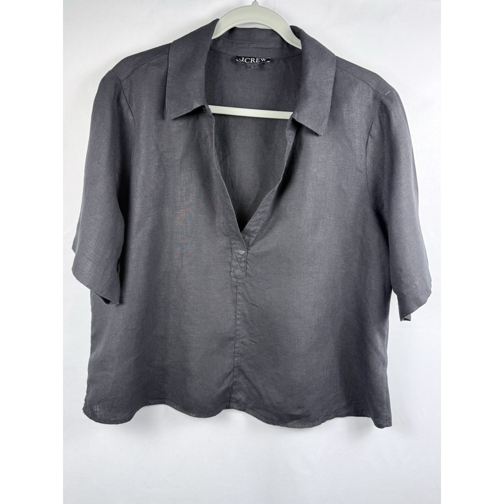 J.Crew Women's Large 100% Linen Charcoal Gray Short Sleeve Popover Shirt